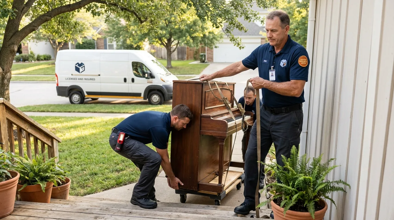 Licensed piano movers securing grand piano in Salem, VA